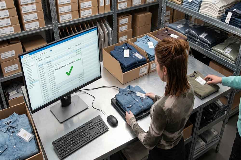 Retail employee using a USB RFID reader to identify tagged merchandise at a stockroom workstation