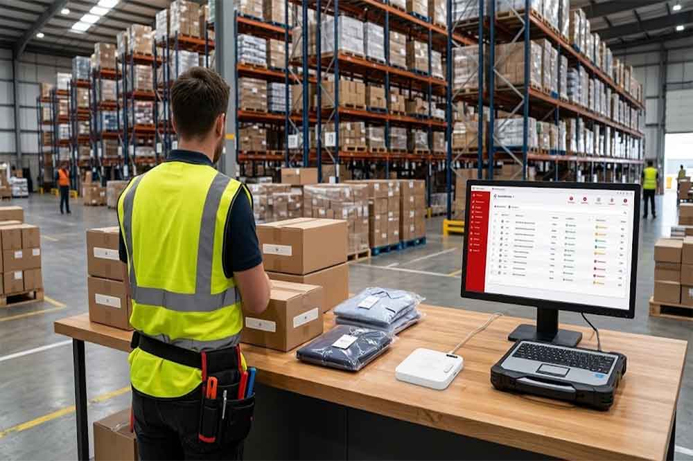 USB RFID reader and tagged retail merchandise at a stock receiving workstation