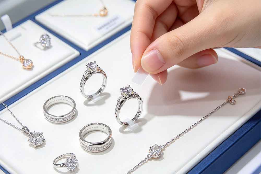 A small RFID tag attached to a jewelry ring for inventory identification.