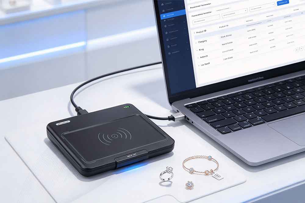 Desktop USB RFID reader connected to a laptop at a jewelry inventory workstation.