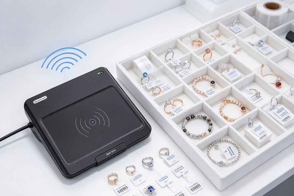 RFID reader scanning tagged jewelry products arranged in an organized storage tray.