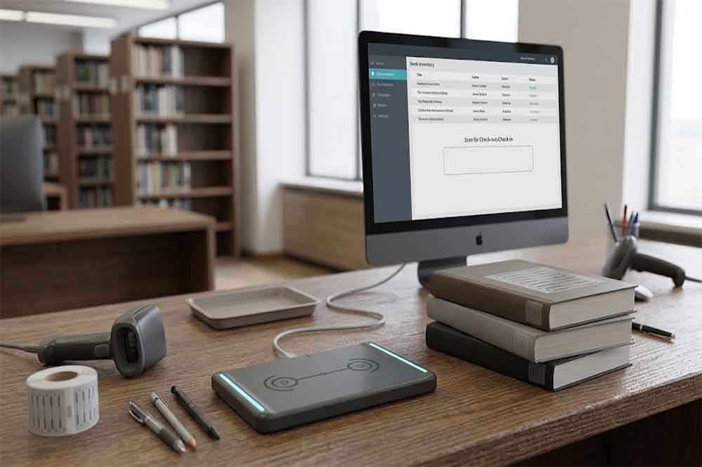 USB-connected RFID reader and computer used for library book identification.