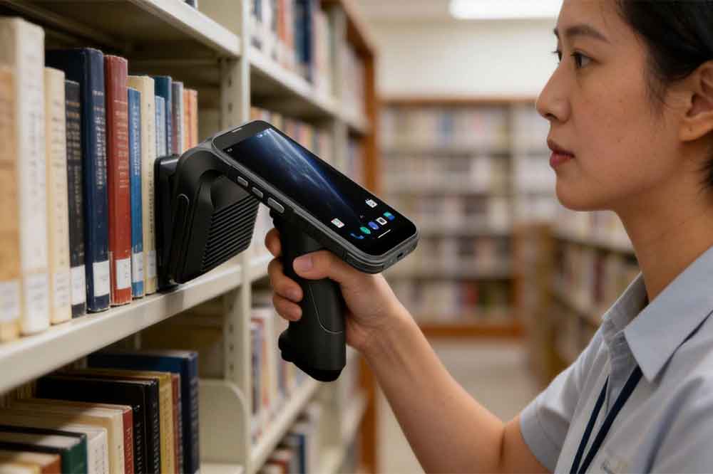 Library staff using RFID equipment to identify books during shelf inventory.
