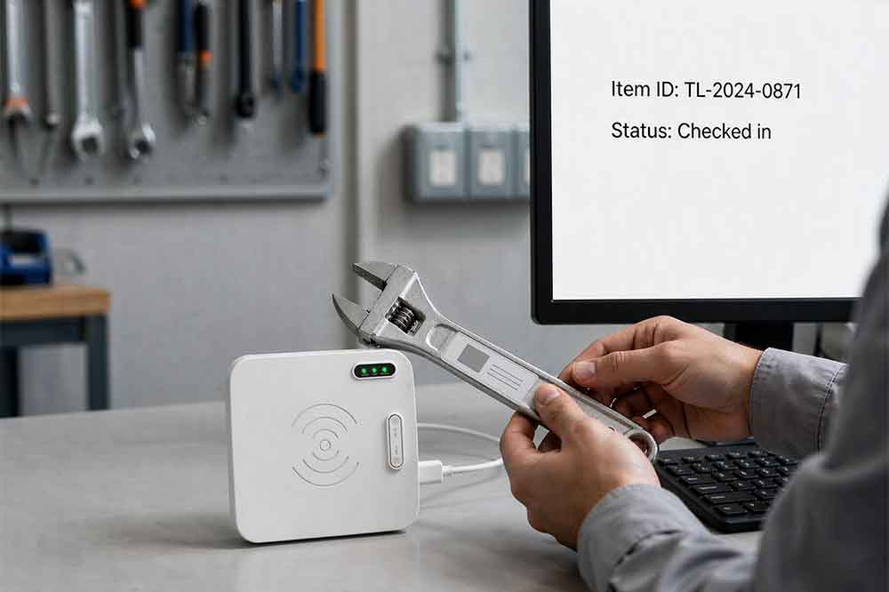 USB RFID reader scanning a tagged tool for asset inventory management