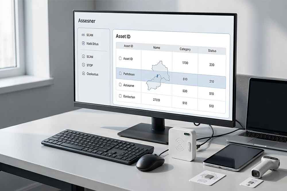 Computer workstation displaying RFID asset records for tagged equipment
