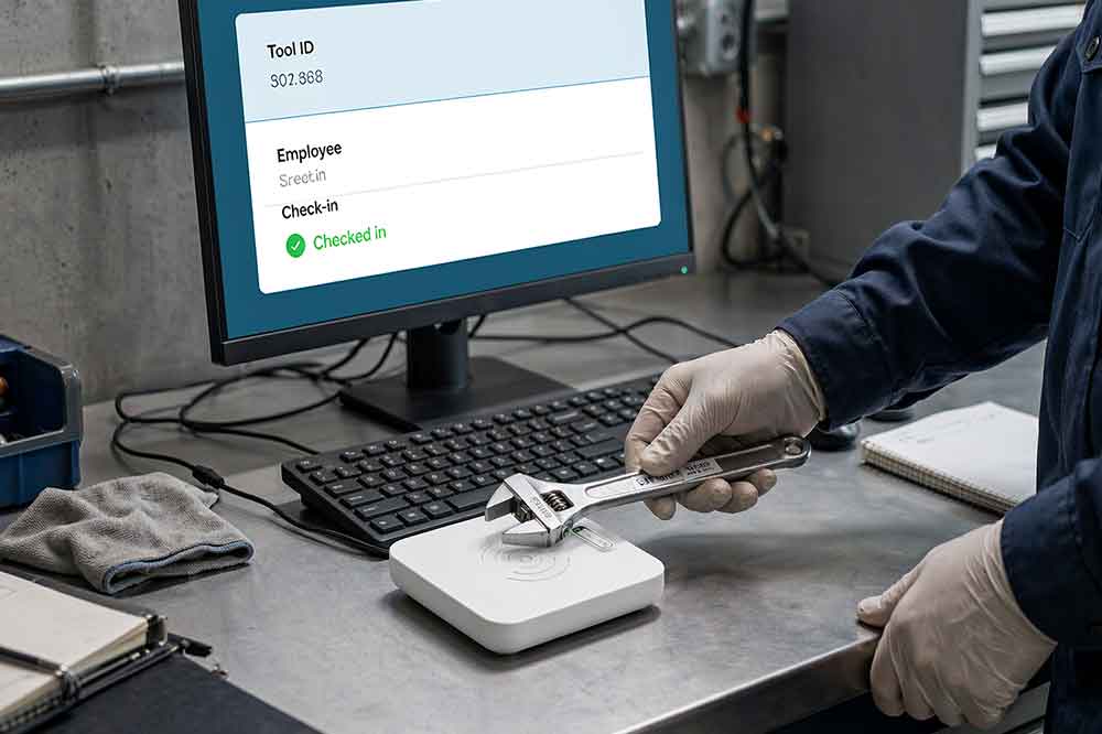 RFID-tagged wrench being identified at a USB reader during tool check-in.