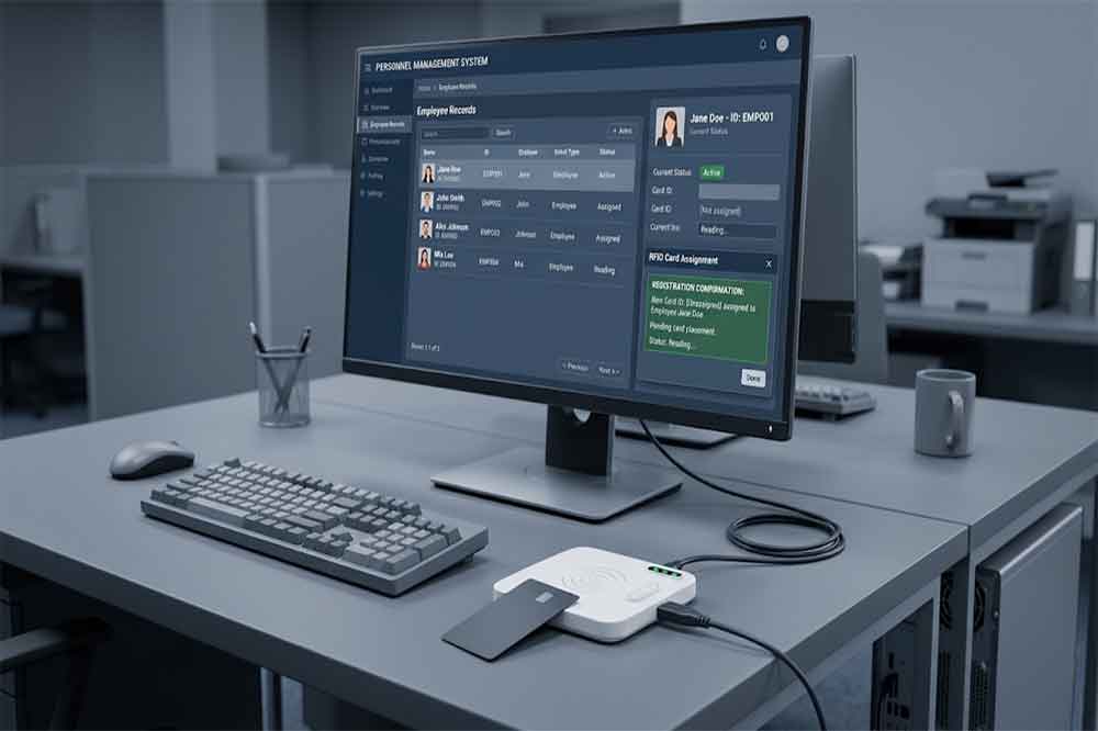 USB RFID Reader for Employee ID Card Registration 2 USB RFID card reader connected to a computer workstation running employee management software