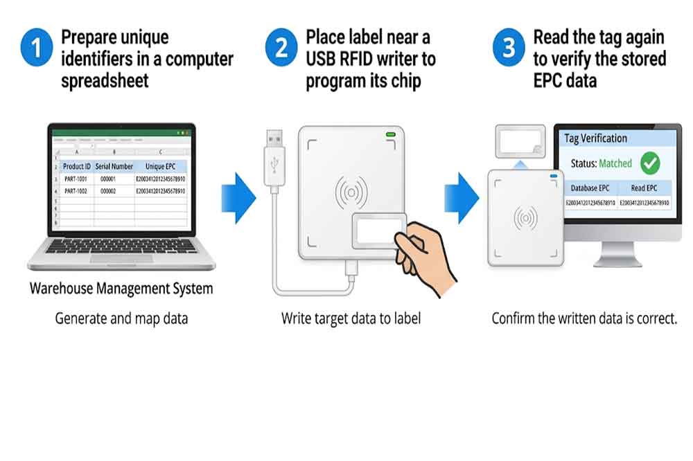 USB RFID Reader for RFID Label Encoding: How to Write and Verify RFID Labels 1 USB RFID reader writing electronic data to an RFID label at a computer workstation.
