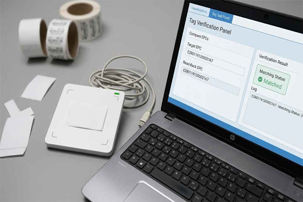 USB RFID Reader for RFID Label Encoding: How to Write and Verify RFID Labels 2 Desktop UHF RFID writer and adhesive RFID labels used to verify encoded EPC data