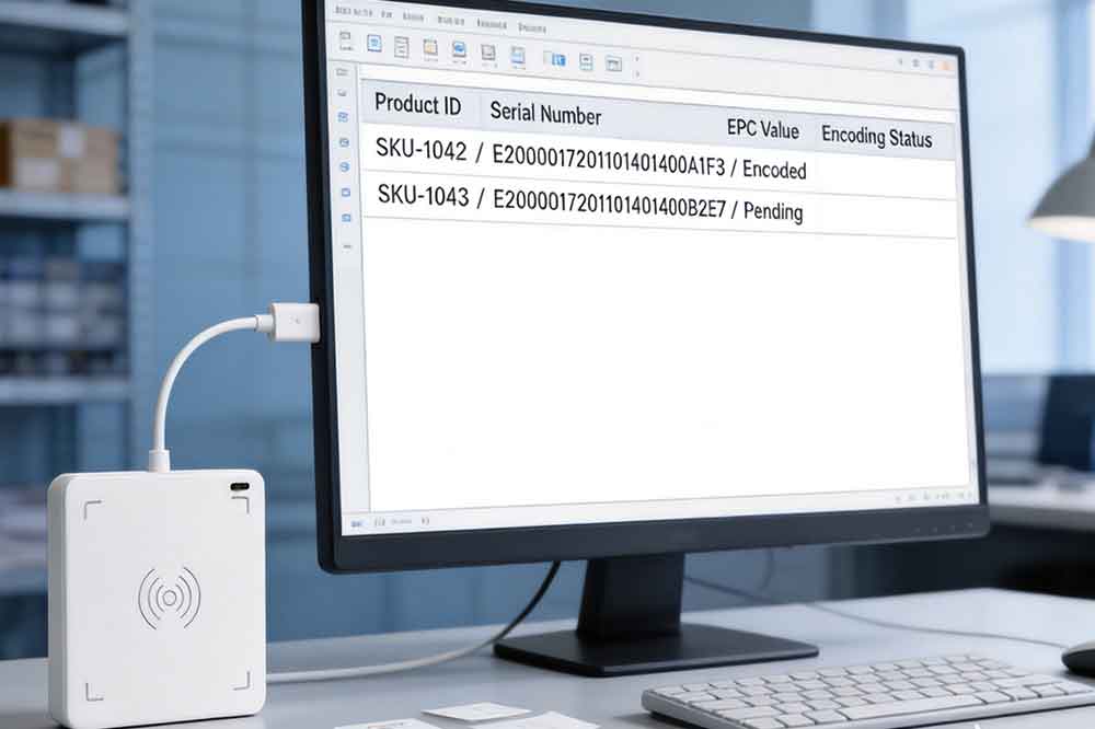 USB RFID Reader for RFID Label Encoding: How to Write and Verify RFID Labels 3 USB RFID reader connected to a computer running RFID encoding and inventory management software.