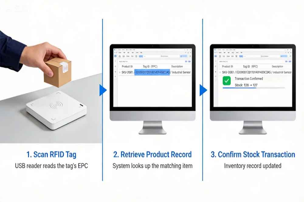 USB RFID Reader for Warehouse Desktop Inventory: A Practical Guide 1 Warehouse operator reading an RFID-tagged product and matching its identifier with an inventory database.