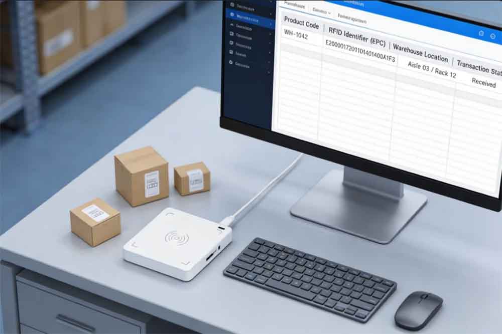 USB RFID Reader for Warehouse Desktop Inventory: A Practical Guide 2 Desktop RFID reader connected to warehouse inventory software showing product identifiers and stock status.