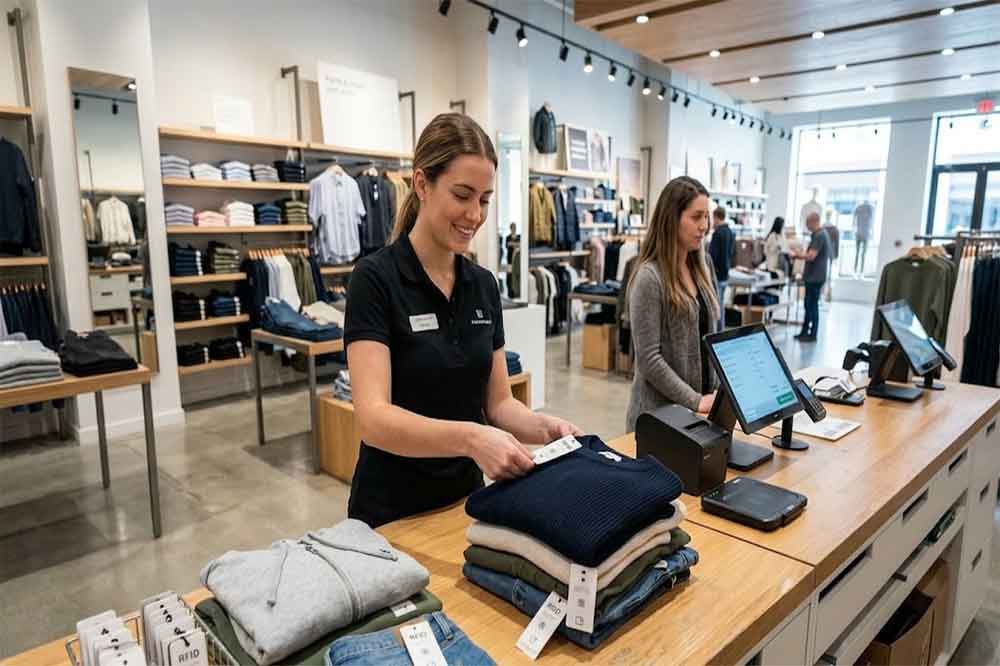 Retail employee using a desktop RFID reader to identify a tagged product at checkout