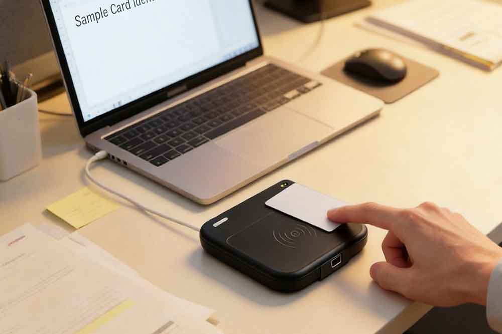 USB RFID reader scanning a compatible RFID card while card data is displayed on a computer.