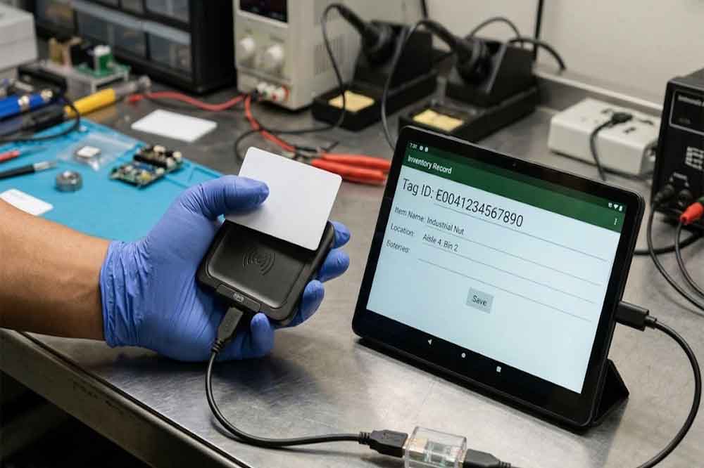 How to Connect a USB RFID Reader to Android 1 Technician testing an RFID card with a USB reader connected to an Android tablet.