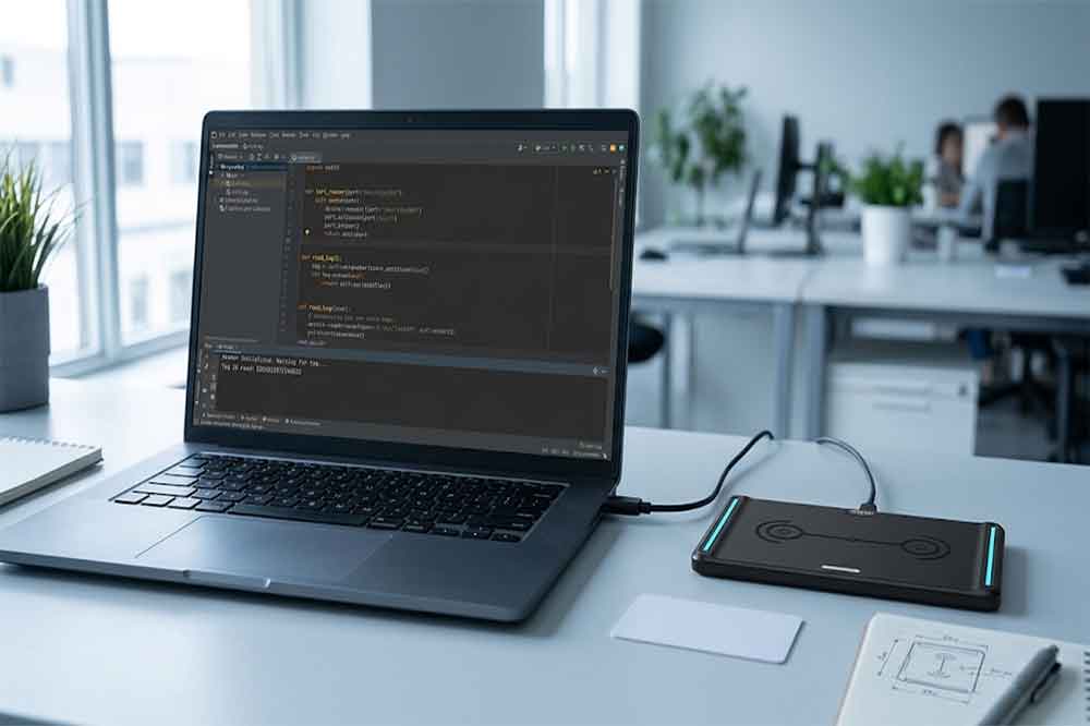 RFID Reader SDK and API development on a laptop connected to a USB RFID reader.