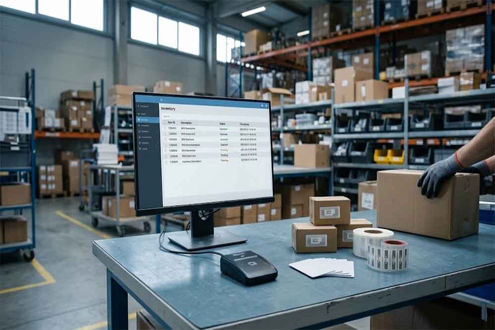 USB RFID reader used with inventory management software in a warehouse workstation.