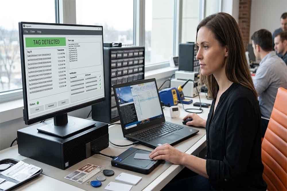 Engineer testing USB RFID reader communication and validating tag data on a computer