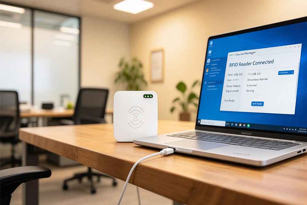USB RFID reader connected to a laptop during device recognition testing.