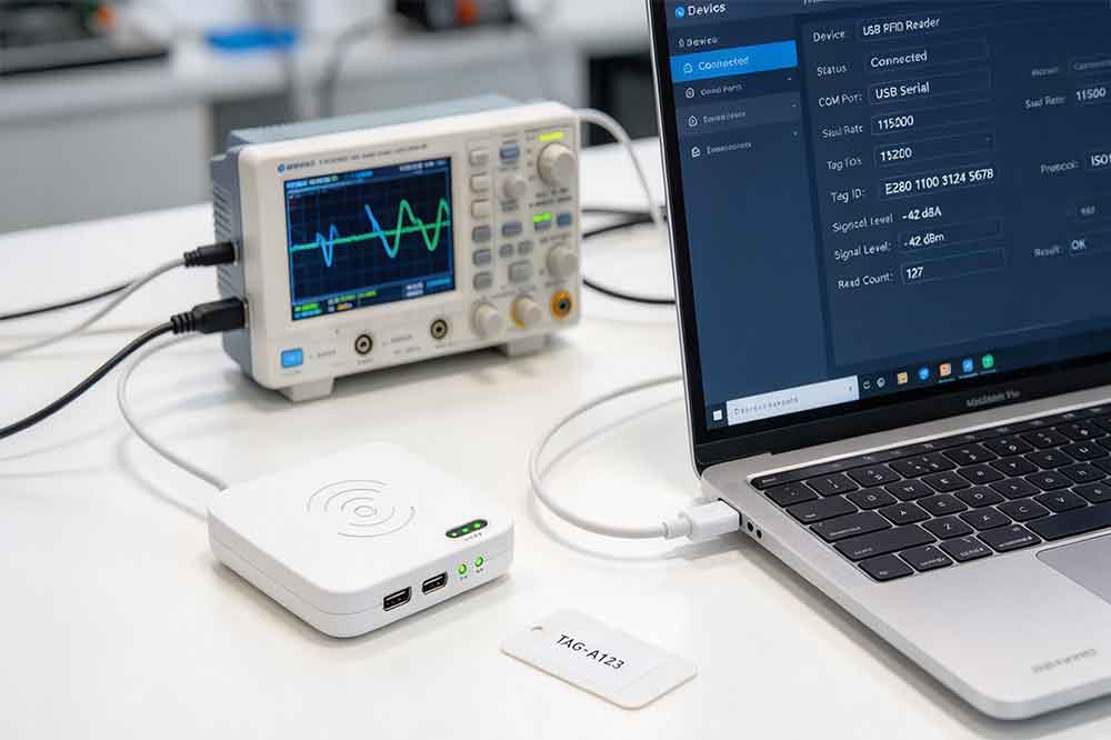 Developer checking USB RFID reader output and software communication on a laptop.