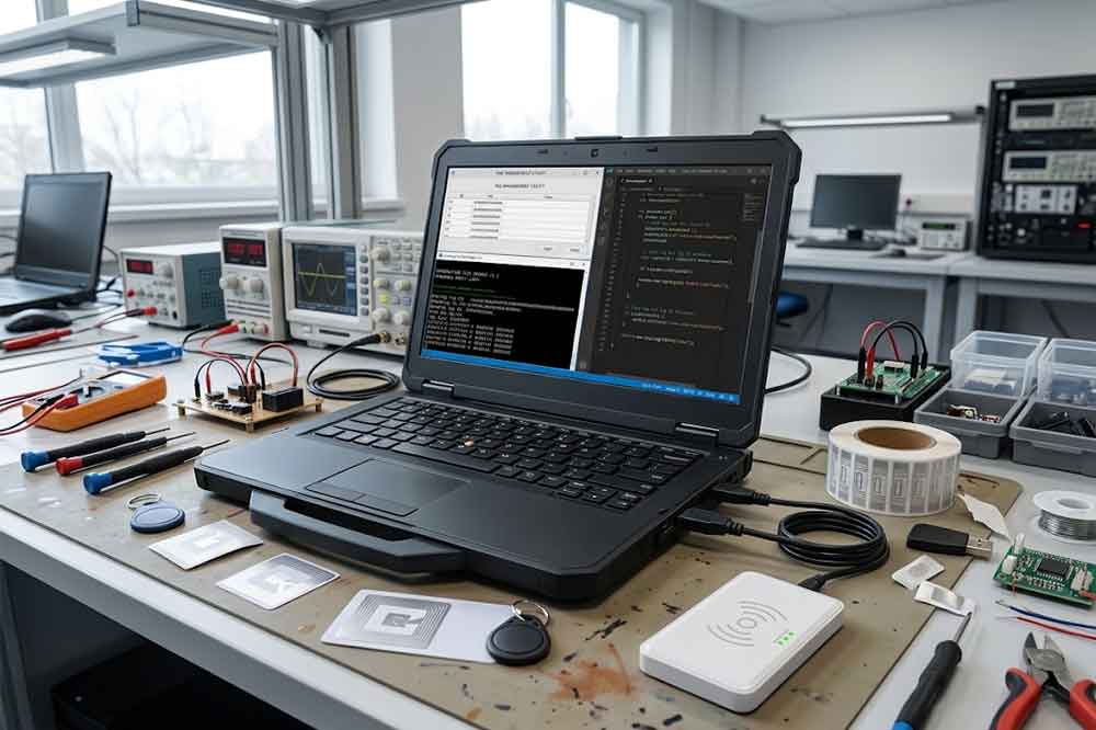 Engineer testing a USB RFID reader connected to a computer with RFID tags.