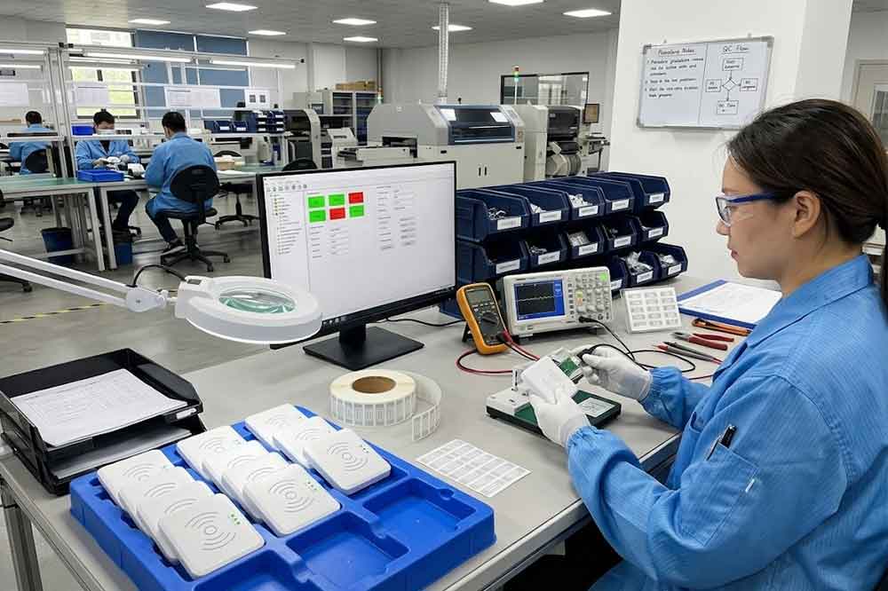 Quality inspection of USB RFID reader devices during electronics production.