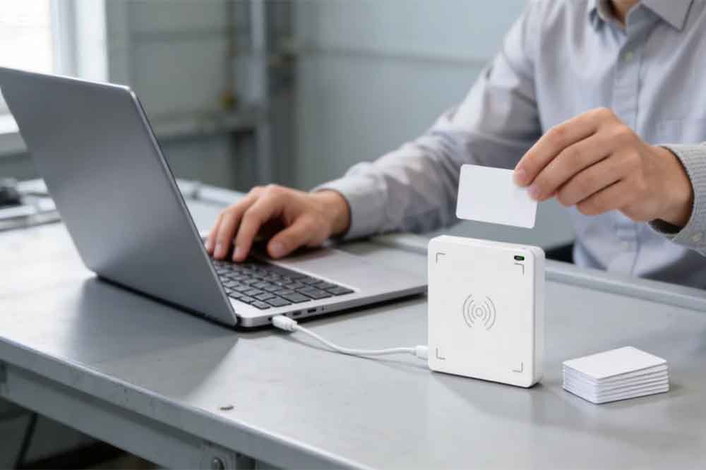 USB RFID Reader Wholesale Buying Guide: What B2B Buyers Need to Know 1 Testing a USB RFID reader with contactless cards and a computer before bulk purchasing.