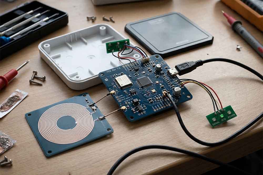 Custom USB RFID Reader for OEM Projects 1 USB RFID reader prototype showing circuit board, antenna, and connection cable