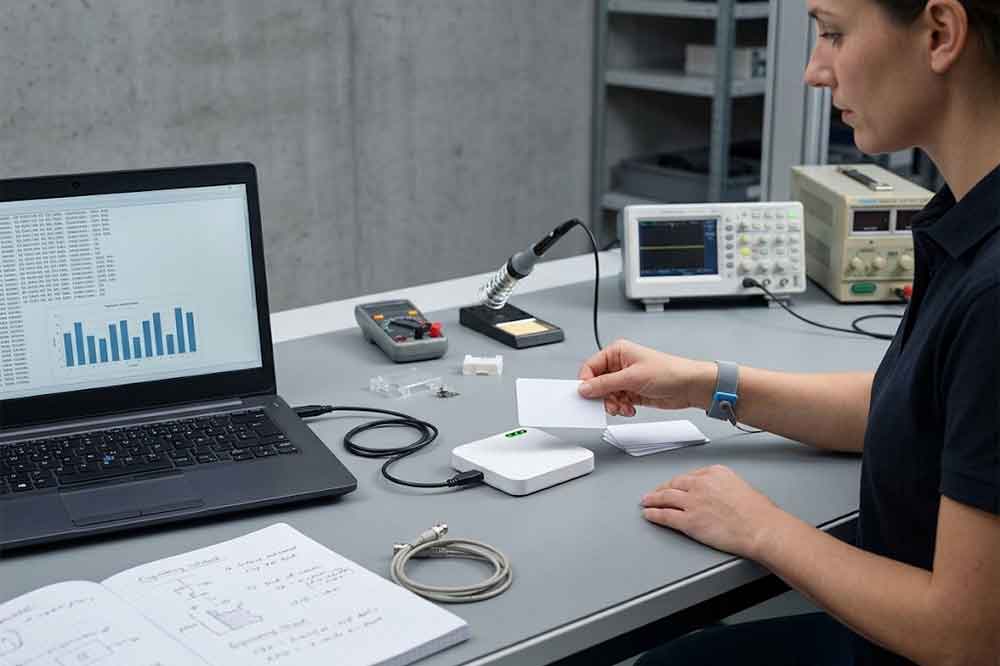 Custom USB RFID Reader for OEM Projects 2 Engineer testing a USB RFID reader with an RFID card and computer.