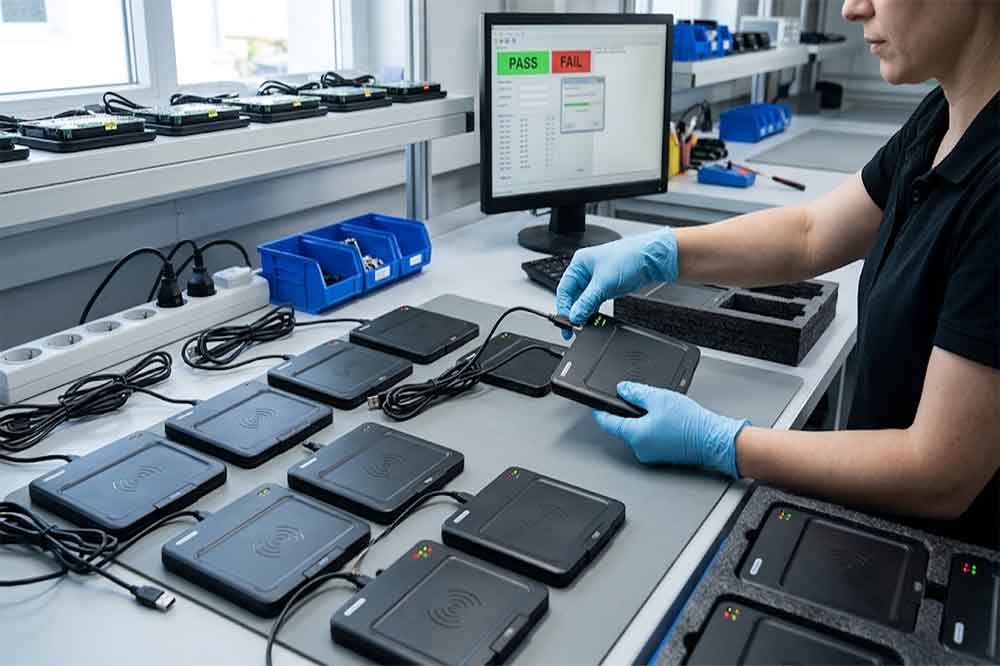 Multiple USB RFID readers arranged for inspection before a bulk retail technology order.